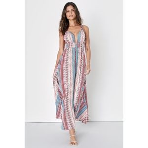 Lulus Maxin' Relaxin' Blue Multi Print Sleeveless Tie-Strap Maxi Dress